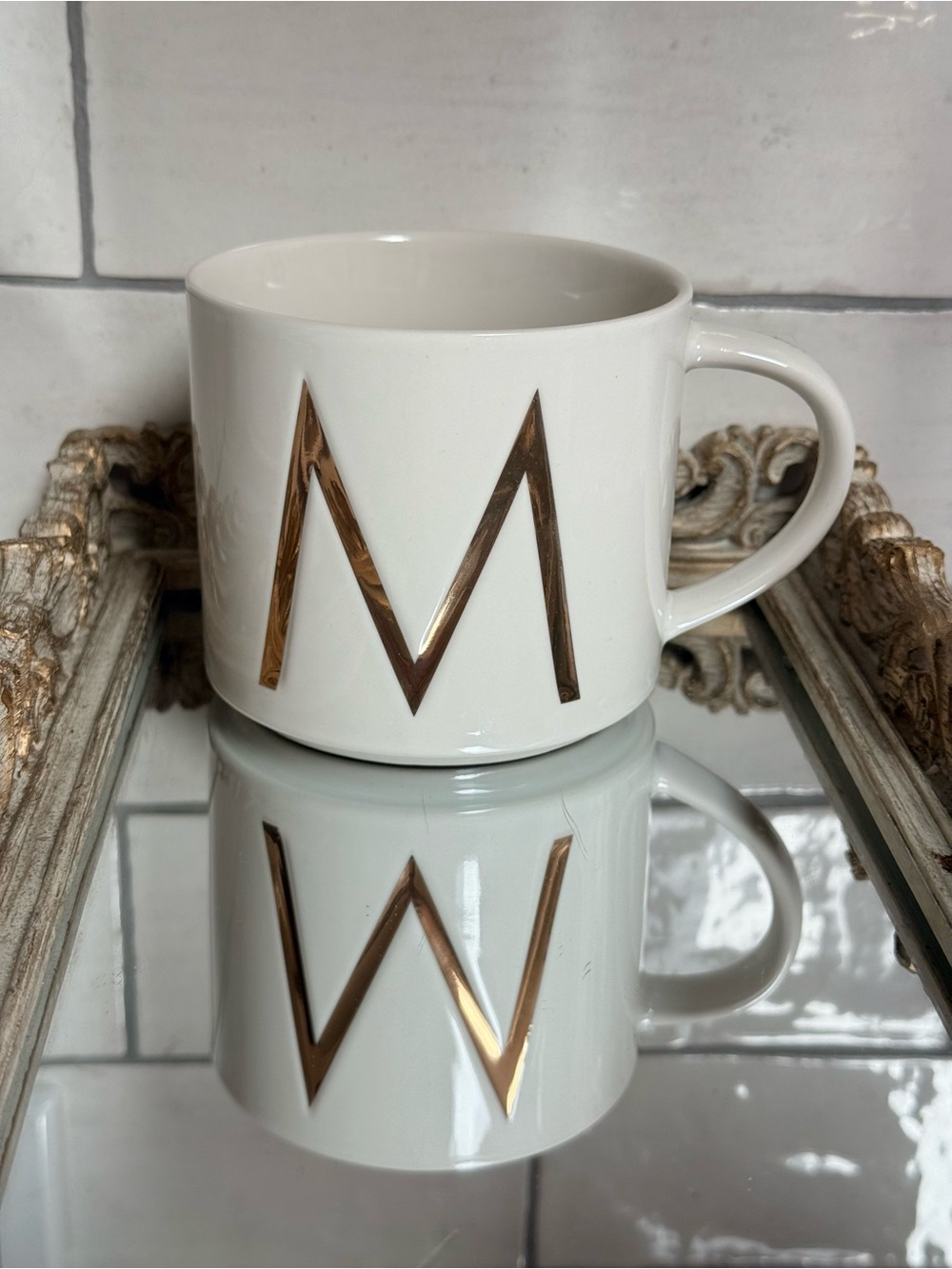 NEW! Monogram White Ceramic Mug with Gold 'M' Initial Shabby Chic